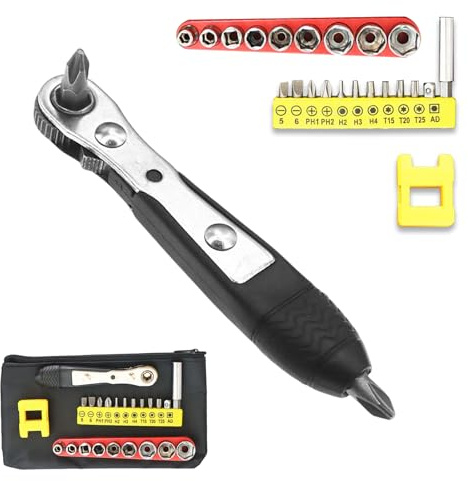 Lot de 23 mini tournevis à cliquet, tournevis à angle droit, tournevis décalé court avec Phillips, plats, Torx, hexagonaux, carrés, réversibles à couple élevé