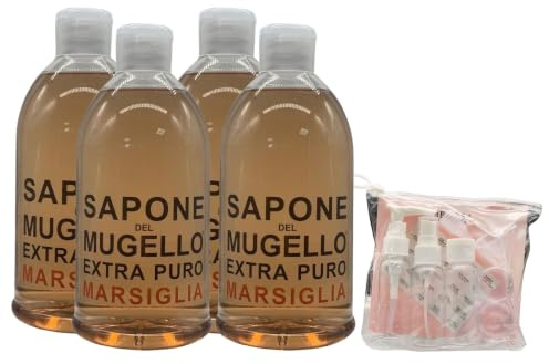 Sapone Extra Puro,MARSIGLIA, Per Mani, Viso e Corpo, Con Estratto Biologico Di Foglia Di Olivo 1000ml (4 Unità) + Kit Bottiglie Da Viaggio