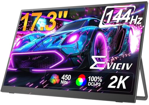 EVICIV Portable Monitor 17,3 Zoll 2K 144Hz 1080P 100% DCI-P3 450Nits 1500:1 | GroBer Tragbarer Bildschirm FHD Gaming Display USB C Mini HDMI mit VESA & Ständer für Laptop/Phone/Spielkonsole