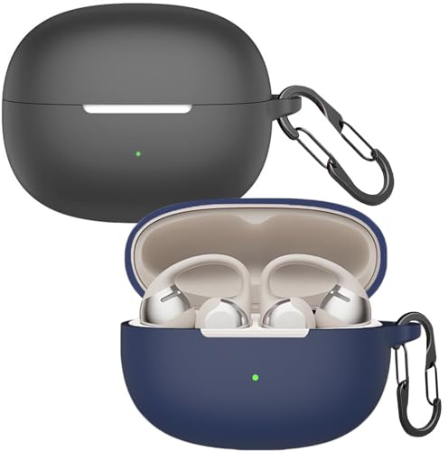 2-pack] easyBee fodral kompatibelt med SHOKZ OpenDots ONE Open-Ear Earbuds [2 karbinhakar], flytande silikonfodral ultratunt stötsäkert skyddande fodral Bluetooth hörlursväska – svart och blå
