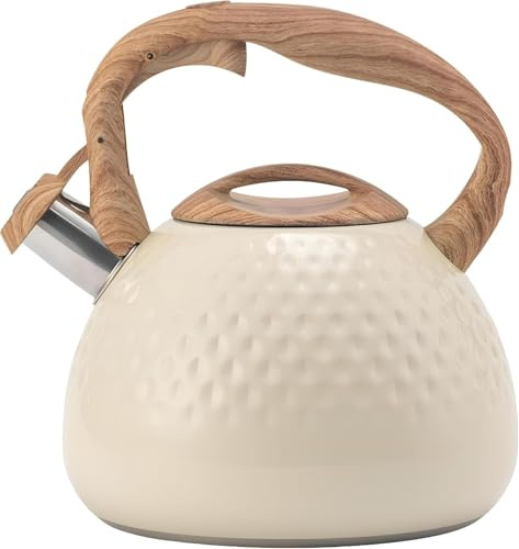 Bouilloire sifflante pour cuisinière, théière en Acier Inoxydable 2,7 l avec poignée en Bois, sifflet Puissant, pour randonnée, Pique-Nique, thé, café (Beige), (Beige, Taille