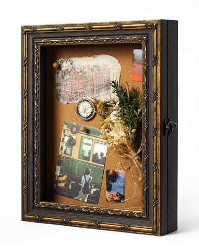 FOLKOR 11x14 Vintage Shadow Box Display Case for Memorabilia, Black Gold | Antique Display Case for Collectibles, Pet Items, Travel Souvenirs, Wedding Memories, Corks and Tickets
