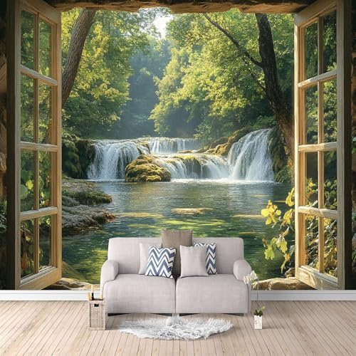 Papel Pintado 3D Lago Con Cascada En El Bosque 300x210 cm Fotomurales Tejido No Tejido, Fuera De La Ventana Papel Tapiz Grande Murales Fotográfico Moderno Decoración de Paredes