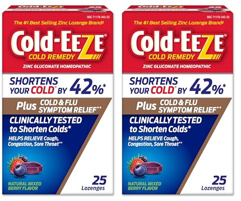 Cold-Eeze Plus Natural Mixed Berry Zinc Lozenges, Multi-Symptom Relief, Reduces Duration of The Common Cold, Sambucus Nigra to Relieve Cold & Flu Symptoms, 25 Ct, Pack of 2
