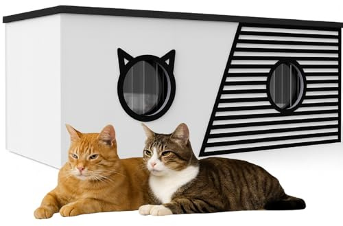 QLS Katzenhaus Outdoor XXL isoliert mit Vorhang 85 x 45 cm Weiß | Maße 85 x 45 x 37,5 cm mit Eingang Ø 12,7 cm. Wettergeschützter Rückzugsort für Katzen im Außenbereich, inklusive Vorhang
