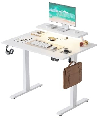 Agilestic Höhenverstellbarer Schreibtisch mit flexiblem Monitorständer | Schreibtisch elektrisch 100 x 60 cm, LED-Lichtleiste, USB-Steckdose, 2 Speicherplätze, für Homeoffice, Weiß