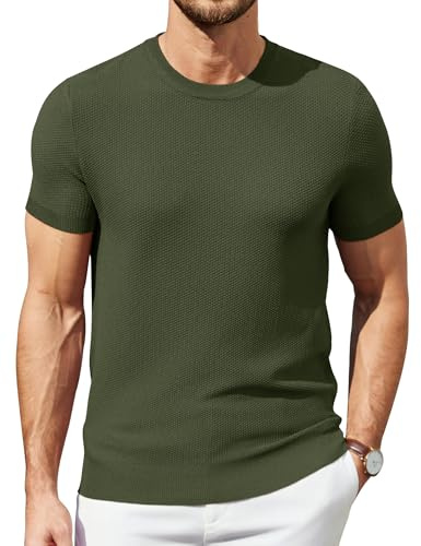 COOFANDY Camiseta Hombre Manga Corta de Punto Camiseta de Verano Tops Corte Regular Camisetas para Hombres Verde Oscuro M