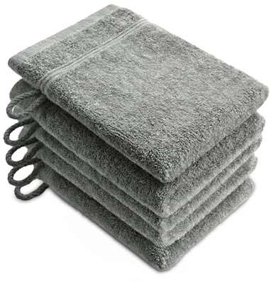 AMFUN 5 Pack Gants de Toilette en Frotte Coton, 22x15CM Gants de Nettoyage du Visage Doux pour Douche et Visage, Serviettes Absorbantes Réutilisables pour Visage, Corps, Bain et Spa (Gris)