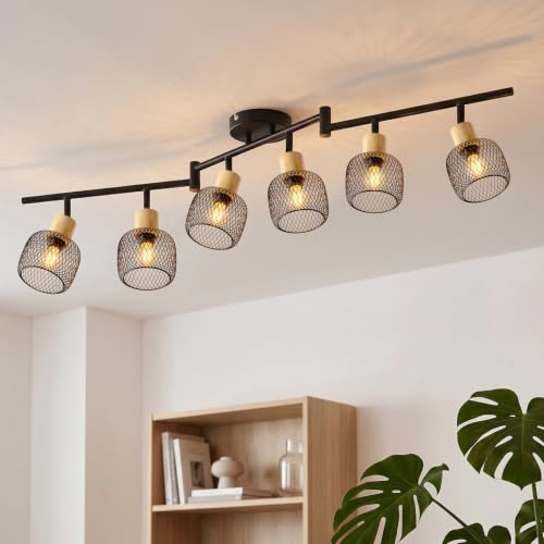 ANWIO Deckenstrahler 6 Flammig Schwarz – Deckenleuchte Industrial Holzdetails & Apfel-Drahtkorb – Lange Schwenkbare Lampe E14 für großes Wohnzimmer & Esszimmer (Ohne Leuchtmittel)