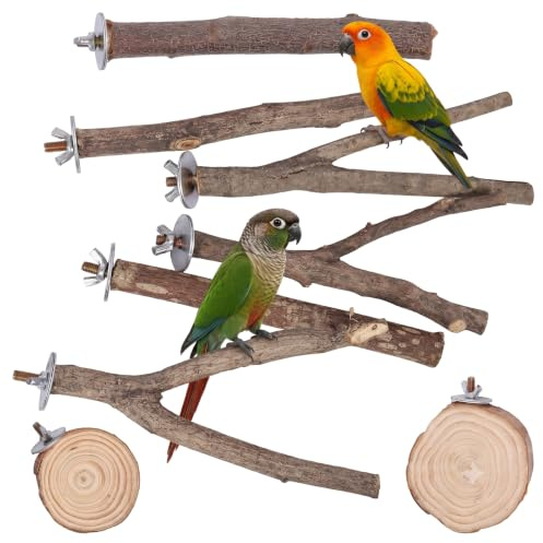 Vexnaro Vogelspielzeug Natur Sitzstangen Set, 8 Stück Naturholz Vogelkäfig Zubehör mit Holzstangen und Vogelständer für Wellensittich, Nymphensittich, Kanarienvogel und Papagei