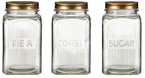 Premier Embossed Clear Glass Jars, Gold Finish Metal Lids, Square, Set of 3