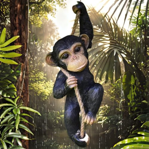 Climbing Chimpanzee Sculpture Rope Hanging Lifelike Monkey Garden Ornament Resin animal Statue Black Patio Yard Decorative Figure, Indoor Outdoor Lawn Yard Home Decoration Gift