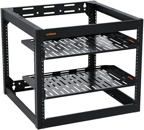 ECHOGEAR Rack réseau 10U – Fixation Murale Robuste à 4 Montants pouvant contenir Tous Vos équipements réseau et AV – Cadre Ouvert avec 2 étagères ventilées 1U et matériel de Montage