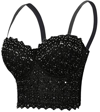 Woboren Femmes Strass coloré Punk Goth Push Up Bra Top Clubwear Party Bustier Crop Top (Noir, XS)