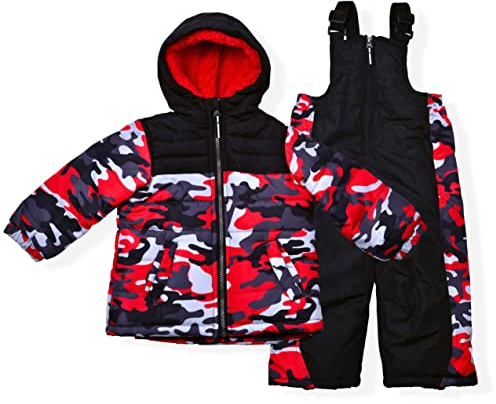 Arctic Quest Boys' Bib Snow Pants and Ski Jacket Water-Resistant Snowsuit For Kids Winter Hooded Jacket, Red Camo, 2T