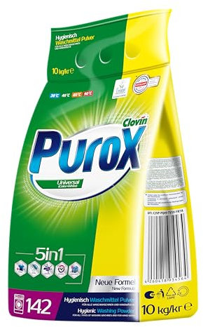 PUROX UNIVERSAL Detergente Lavadora Polvo en bolsa (142 Lavados) – para todo tipo de tejidos, elimina manchas, ecológico, protege contra la cal, 10 kg