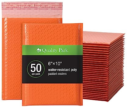 Quality Park Bubble Mailers, 6 x 9 Shipping Envelopes, Water Resistant Orange Poly Padded Envelopes, Redi-Strip Peel Off Closure, 50/Box (QUA85863)