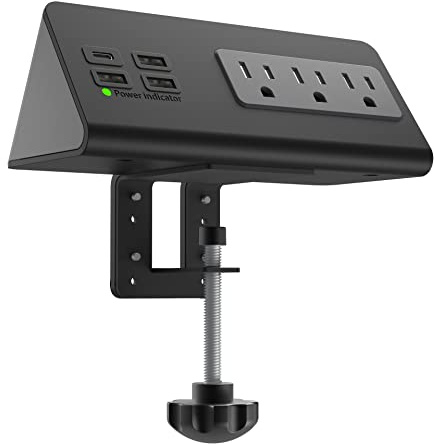 Nightstand Edge Mount Power Strip with USB-C Ports Tabletop Surge Protector Desk Clamp Power Sockets with 3 AC Outlets &4 Fast Charging USB Ports for Home Office Hotel and Dormitory