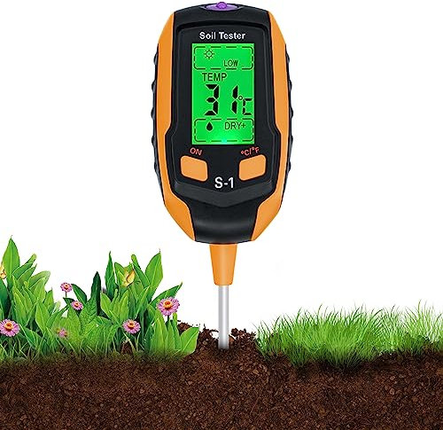 Wigearss Medidor de Suelo 4 en 1, Medidor de pH, Humedad, Temperatura y Luz, Pantalla LCD con Retroiluminación para Jardín, Agricultura y Plantas de Exterior