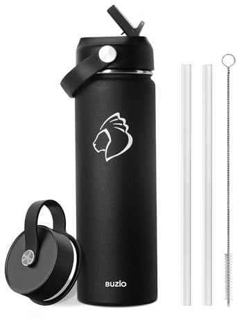 Insulated Water Bottle with Straw, BUZIO Stainless Steel Water Bottle 700 ml Wide Mouth Cold for 48 Hrs Hot for 24 Hrs Insulated Bottle 2 lids, Black