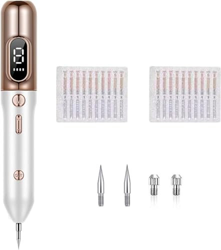 HelloCreate Dispositivo portatile portatile per la rimozione di lentiggini, verruche, talpe, macchie scure, dorato, con 20 aghi sottili, 2 aghi spessi+2 tappi ad ago