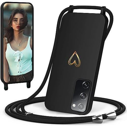 CaseLover Handyband für Samsung Galaxy S20 FE 4G/5G Hülle mit Band, Schwarz | Herz Muster, Silikon Necklace Handyhülle mit Abnehmbar Kordel zum Umhängen, Stossfest Bumper Handy Schutzhülle Case