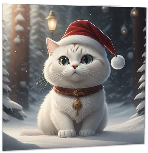 Carte de Noël pour chat – Cartes de Noël en forme de chat mignon Blanc 145 x 145 mm