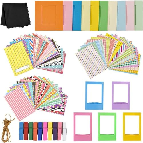 86 Pcs Accesorios para Cámara Instantánea, 60 Pegatinas Marcos Colores, 10 Marcos de Fotos Papel, 10 Clips Colgantes, 5 Marcos Cuadros Mesa de Plástico, 1 Paño de Microfibra, para Mini 9 8 8+