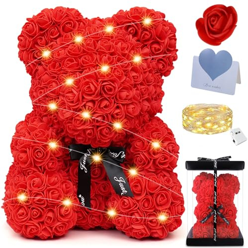 POWZOO Oso de Rosas,Oso de Peluche Rojo con Caja Regalo+Cadena de Luz,Oso de Artificial Regalo,Regalos de Amor Románticos Lindos,Regalos de San Valentín para Ella,Regalo de cumpleaños,Aniversarios.