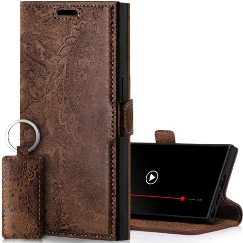 SURAZO Slim Magnet Handyhülle für Samsung Galaxy S24 Ultra Hülle Leder – Klappbare Echtleder Schutzhülle [Kartenfach, RFID Schutz, Blumenmuster] Klapphülle Wallet Case Cover Lederhülle (Braun)