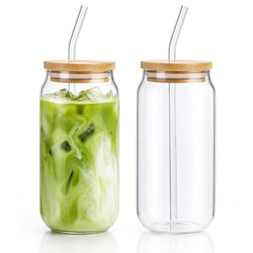 Plcnn 2 Stück Trinkgläser mit Bambusdeckel und Glasstrohhalmen, Bierdosengläser, Eiskaffee Gläser, Cocktail Gläser für Iced Coffee, Bier, Smoothies,Macchiato,Whiskey,Geschenk(2 Stück - 395 ml)