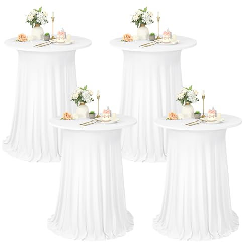 4er-Set Weiß Stehtisch Hussen Stretch mit Rock, 80 x 110 cm,schmutzabweisend, knitterfrei, waschbar, runder Stretch-Cocktail-Tischrock aus Polyester für Hochzeiten, Partys,Restaurants,Bankette