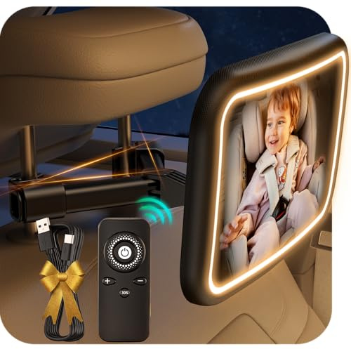 TAZENI Baby Car Mirror With Light & Remote Control, Baby Mirror for Car Seat Rear Facing Stable Hook Clip, Car Seat Mirror for Baby Rear Facing, Crystal Clear ShatterProof, Long Lasting Battery