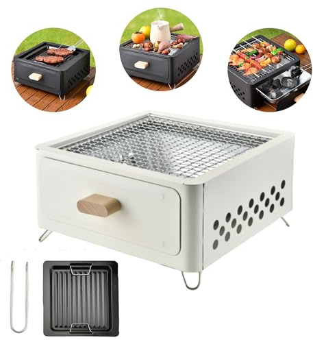 1 pz. Piccola griglia per barbecue da tè con cassetto estraibile da tavolo griglia da campeggio griglia a carbone fumatore falò fornello per cucinare campeggio picnic spiaggia,Bianca,A