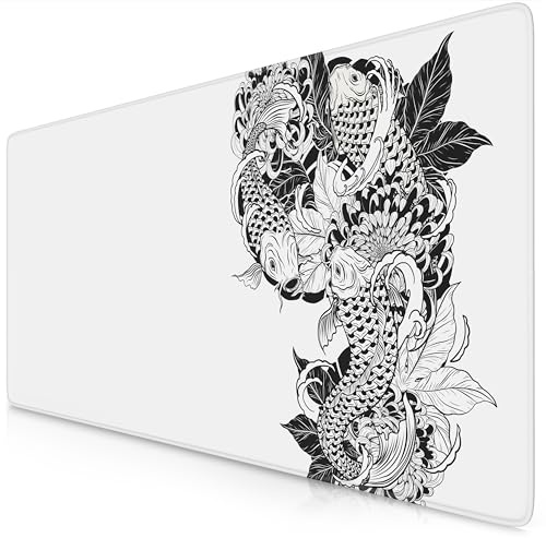 TITANWOLF - XXL Speed Gaming Mauspad 900 x 400mm - XXL Mousepad - Tischunterlage Large Size - verbessert Präzision und Geschwindigkeit - Koi Tattoo 3 White