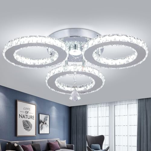 diisunbihuo Dimmbare LED-Kristall-Deckenleuchte 13x3,5 Zoll 3 Ringe Kristall-Kronleuchter Flush Mount Lighting Fixture für Schlafzimmer Hobby Wohnzimmer