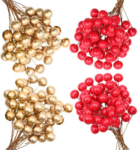 VEGCOO 210 Pezzi Bacche di Natale Artificiali, 10 mm Bacche di Agrifoglio di Natale Bacca Natale Ghirlanda, Bacche Natalizie per Decorazioni Natalizie Fai da Te (Rosso e Oro)