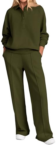 PRETTYGARDEN Women Fall 2 Piece Outfits Sweatsuits Quarter Button Long Sleeve Sweatshirt Wide Leg Pants Tracksuit Lounge Sets(Army Green,Medium)