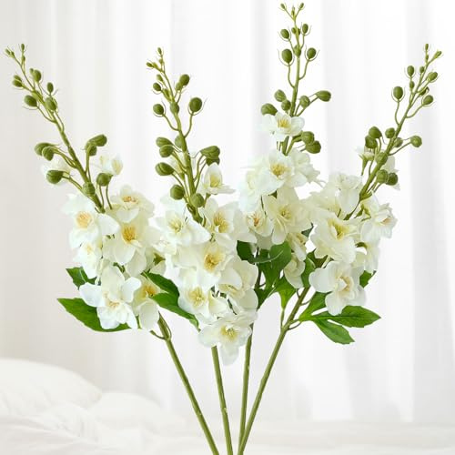 JINWOE Weiße künstliche Blumen, 66 cm, künstliches Rittersporn mit langem Stiel für hohe Bodenvasen, große, lebensechte Lerchensporn, Seidenblumen, Zuhause, Hochzeit, Büro, Party, Arrangement,