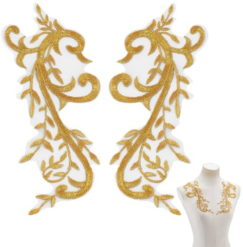 NBEADS 2 Stk. Gold Blume Stickerei Patch, Goldene florale Spitzenapplikationen Metallische Gold Aufnähen Patches für Kleidung Dekoration Reparatur Zubehör, 24.5x9.3cm