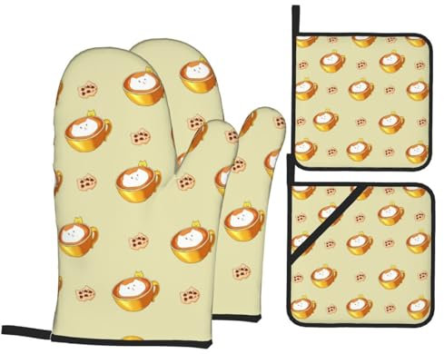 Set di guanti da forno e presine con stampa di gatto in stile cartone animato, guanti da cucina resistenti al calore per cucinare, cuocere al forno, grigliare