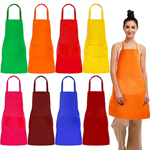 ausurme 8 Pack Plain Bib Aprons Bulk,Mixed Color Apron with 2 Front Pockets,Washable Blank Aprons for Kitchen Cooking Crafting BBQ Painting Drawing,8 Colors