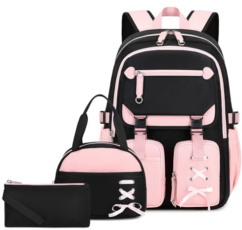 Tanou Skolryggsäck flicka tonåring, 3-delad ledig skolväska för flickor med lunchpaket pennfodral, snygg flera fack barn skolväska casual dagryggsäck, ROSA