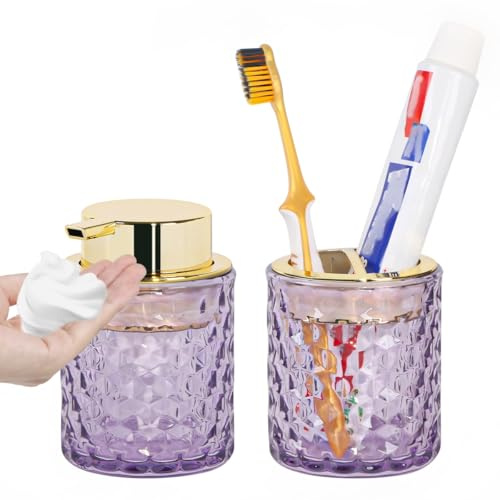 Fvstar Bathroom Accessories 2 Piece Set Glass Soap Dispenser and Toothbrush Holder, 10oz Foaming Soap Dispenser, Purple Toothbrush and Toothpaste Holder Organizer Cup for Modern Bathroom Decor