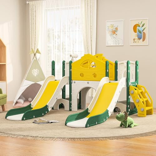 7 in 1 grande scivolo interno ed esterno per bambini, scivolo per bambini, telaio da arrampicata, telescopi, tunnel, spazio di archiviazione, autoportante con cestino da basket (doppio sciacquo)