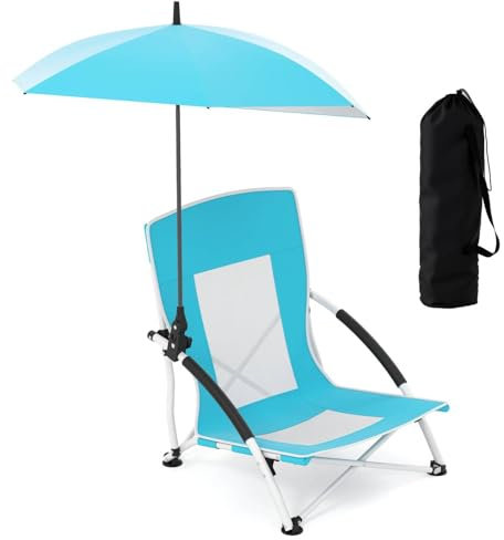 TANGZON Portable Beach Chair, Low Folding Camping Chair with Adjustable & Detachable Umbrella, Umbrella Clamp, Padded Armrests & Carry Bag, Lightweight Outdoor Seat for Picnic Fishing (1, Blue)