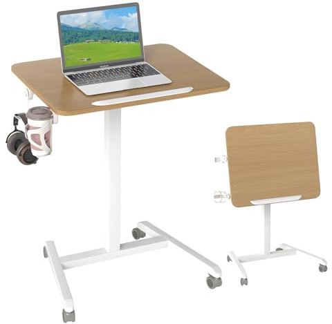 COSTWAY Beistelltisch höhenverstellbar mit Rollen, Stehtisch mit 90° neigbarer Tischplatte, Haken und Becherhalter, Stehpult, Laptoptisch für Wohnzimmer, Schlafzimmer