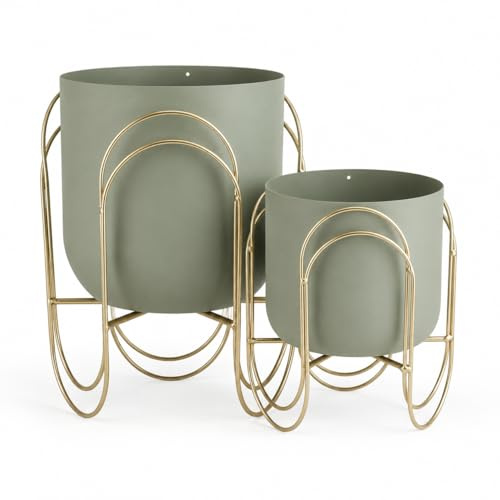 JHY DESIGN Set of 2 Small Metal Planters with Stands, 29cm & 20cm Green Indoor Plant Pots, Tabletop Flower Pots for Succulents, Herbs, Shelf, Windowsill, Desk, Kitchen and Living Room Decor