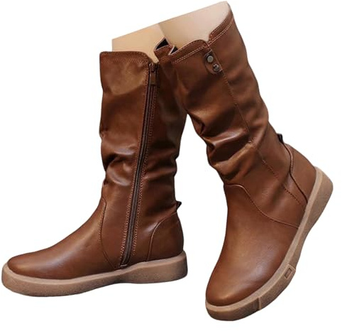 Xbemkste Stivali da donna a mezza gamba, piatti con chiusura lampo, punta rotonda arricciata, in pelle, con imbottitura termica, comodi stivali da donna, marrone, 37 EU