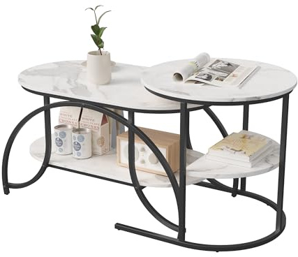 DIYHOM Couchtisch 2er Set, Rund und Oval Beistelltisch mit Stauraum, Marmor Optik, Metallrahmen Wohnzimmertisch Satztische Sofatisch Kaffeetisch,Weiß & Schwarz